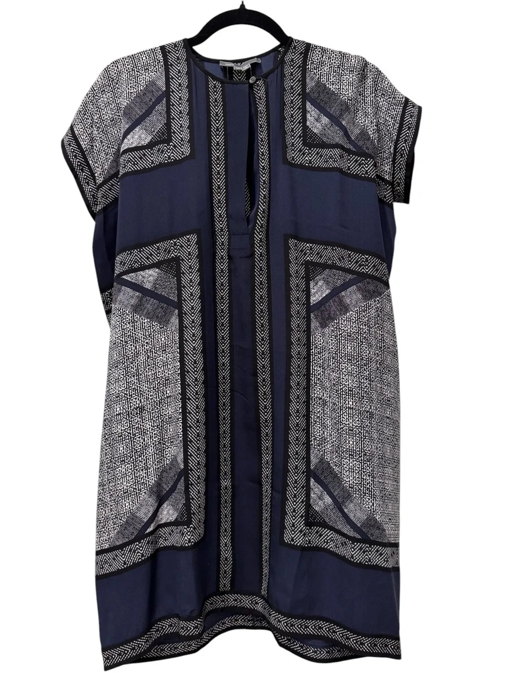 Vince 100% Silk Geometric Navy Blue Black White Shift Dress Sz XS